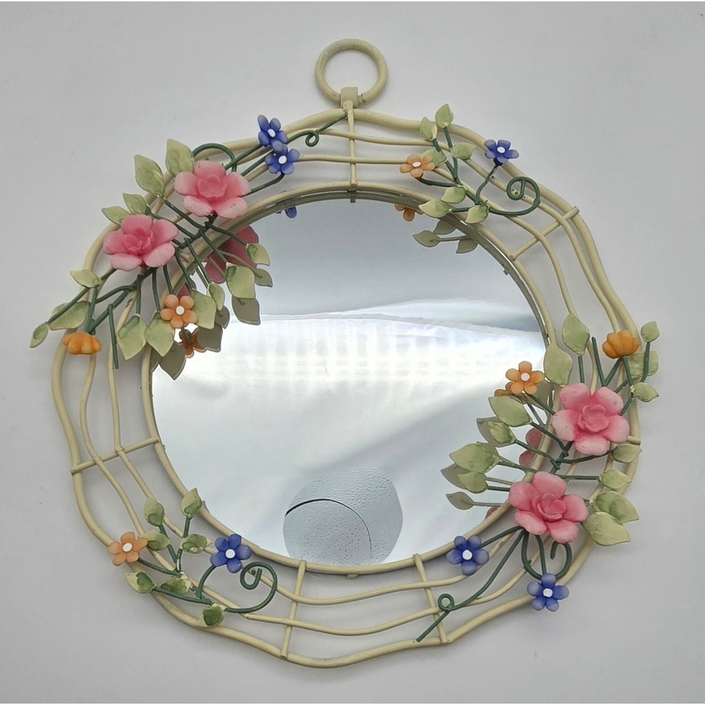 Vintage Floral Meal Wall Mirror Round Pink Blue Flower Vine Cottagecore Decor